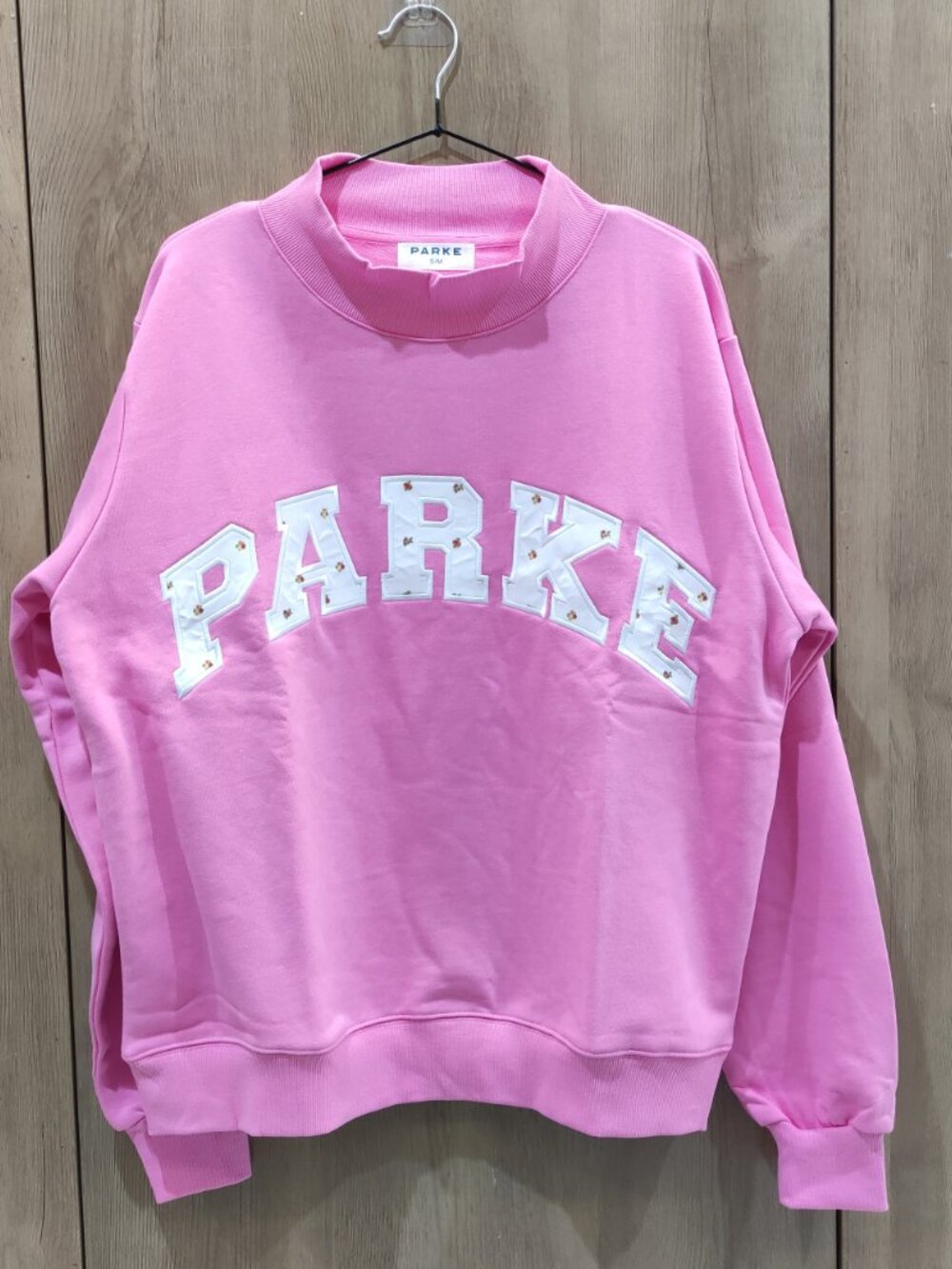 Parke Bright Pink Floral Applique Mock Neck Varsity Sweatshirt